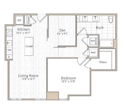 Floor plan for 1 bed, 1 bath, 877 sqft